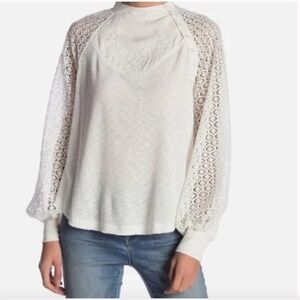 Free People Ivory Sweetest Thing Lace Sleeve Thermal Top Size Small